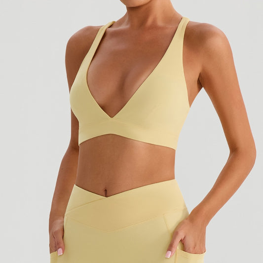 yellow padded yoga sports bra women