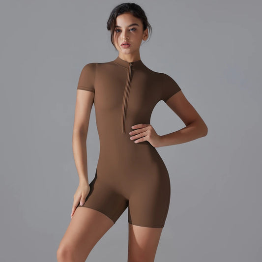 Zip Front Short Sleeve Activewear Romper - Coffee Colour