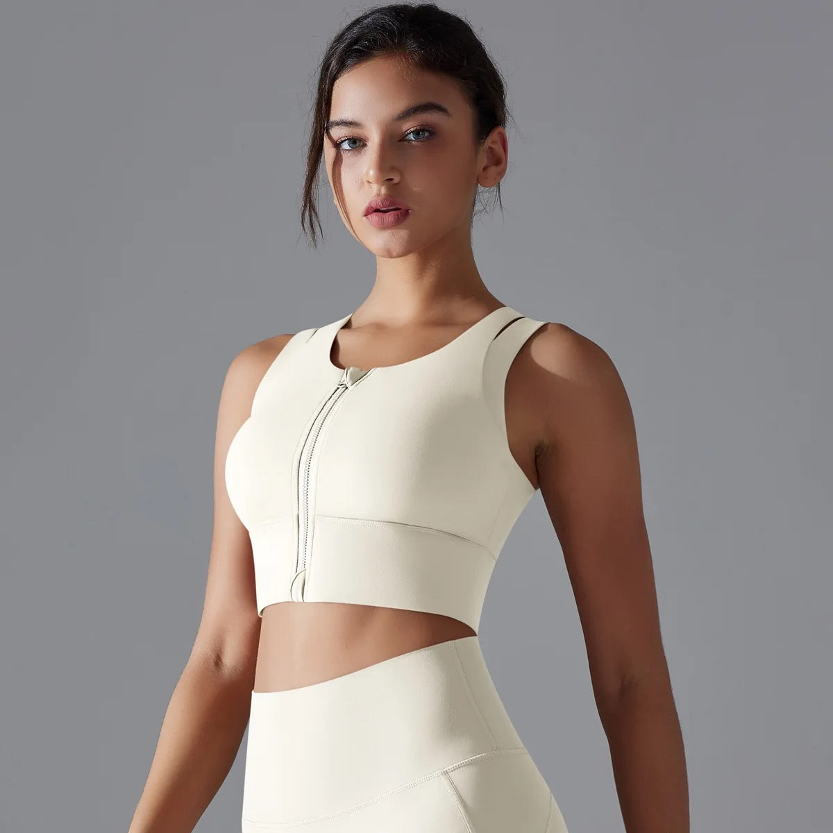 Zip-Front High-Impact Shockproof Sports Bra - Light Ivory
