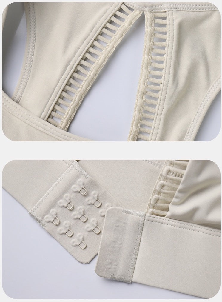 sports bra with hook closure and open back
