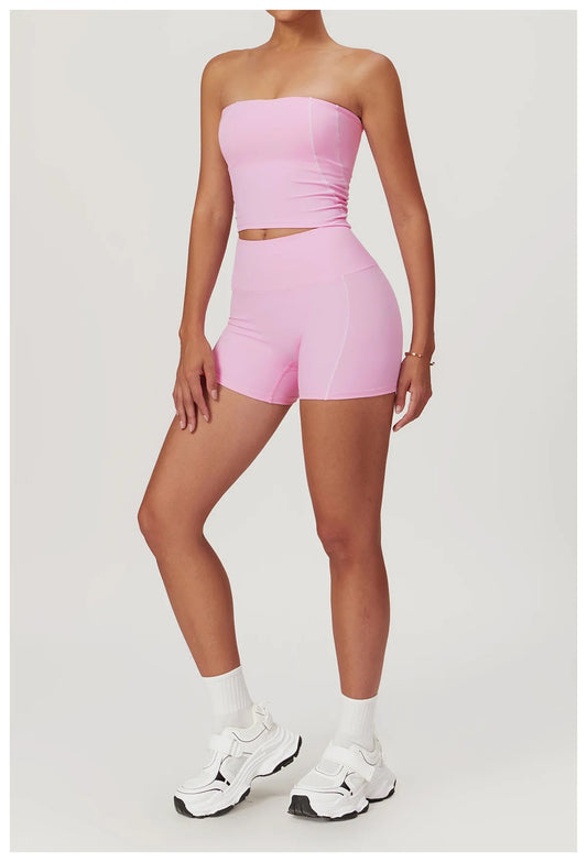 Sporty Chic 2-Piece Set: Tube Top & High-Rise Shorts - Pink