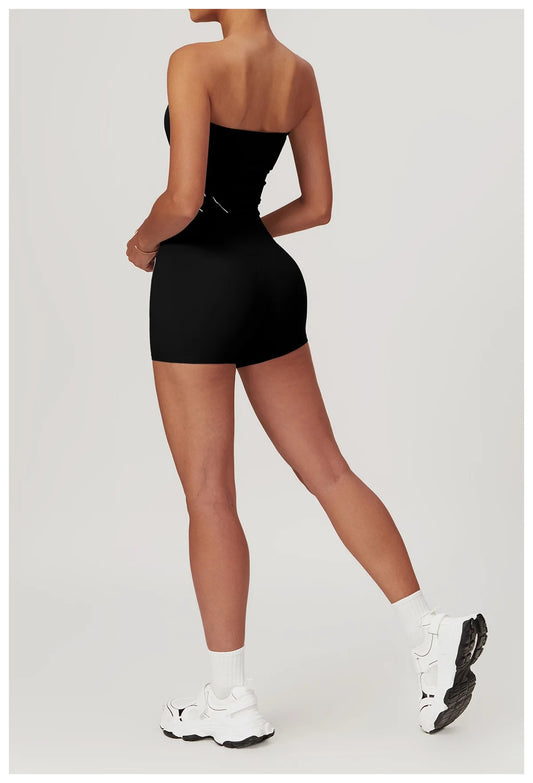 Sporty Chic 2-Piece Set: Tube Top & High-Rise Shorts - Black