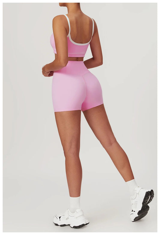 Wave Essential Sports Bra & High-Waist Shorts Set – Pink