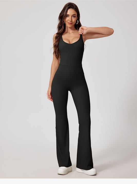 Women's Cross Back Flare Leg Jumpsuit - Black