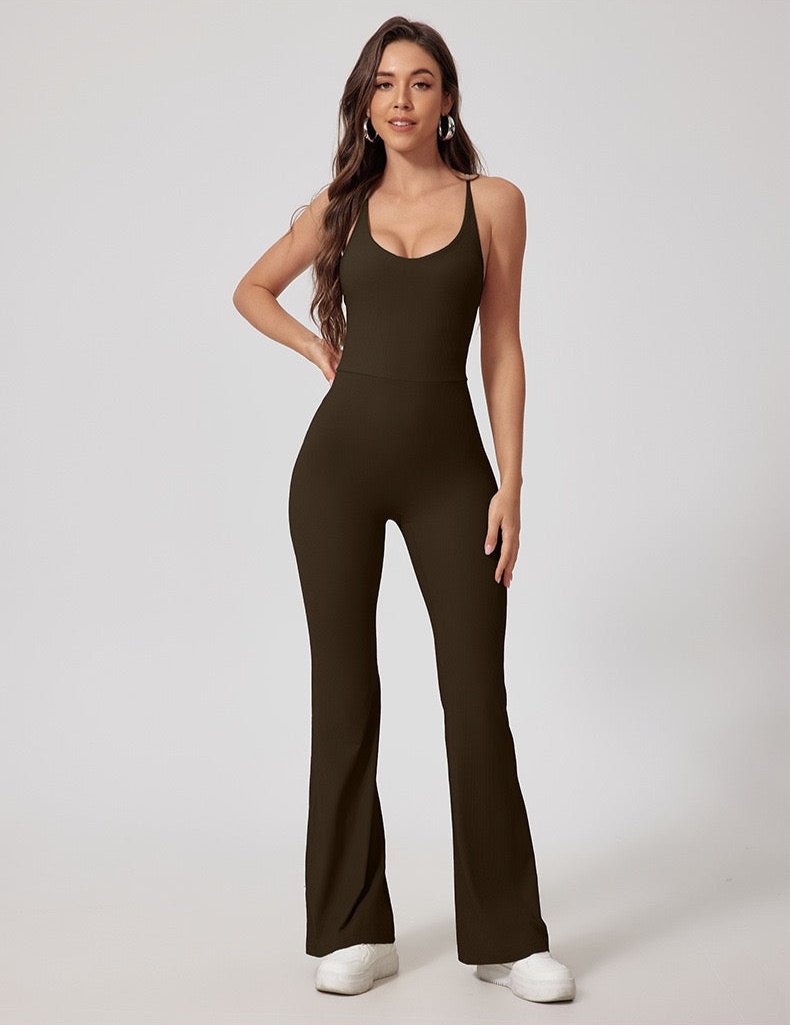 Women's Cross Back Flare Leg Jumpsuit - Ebony Grey