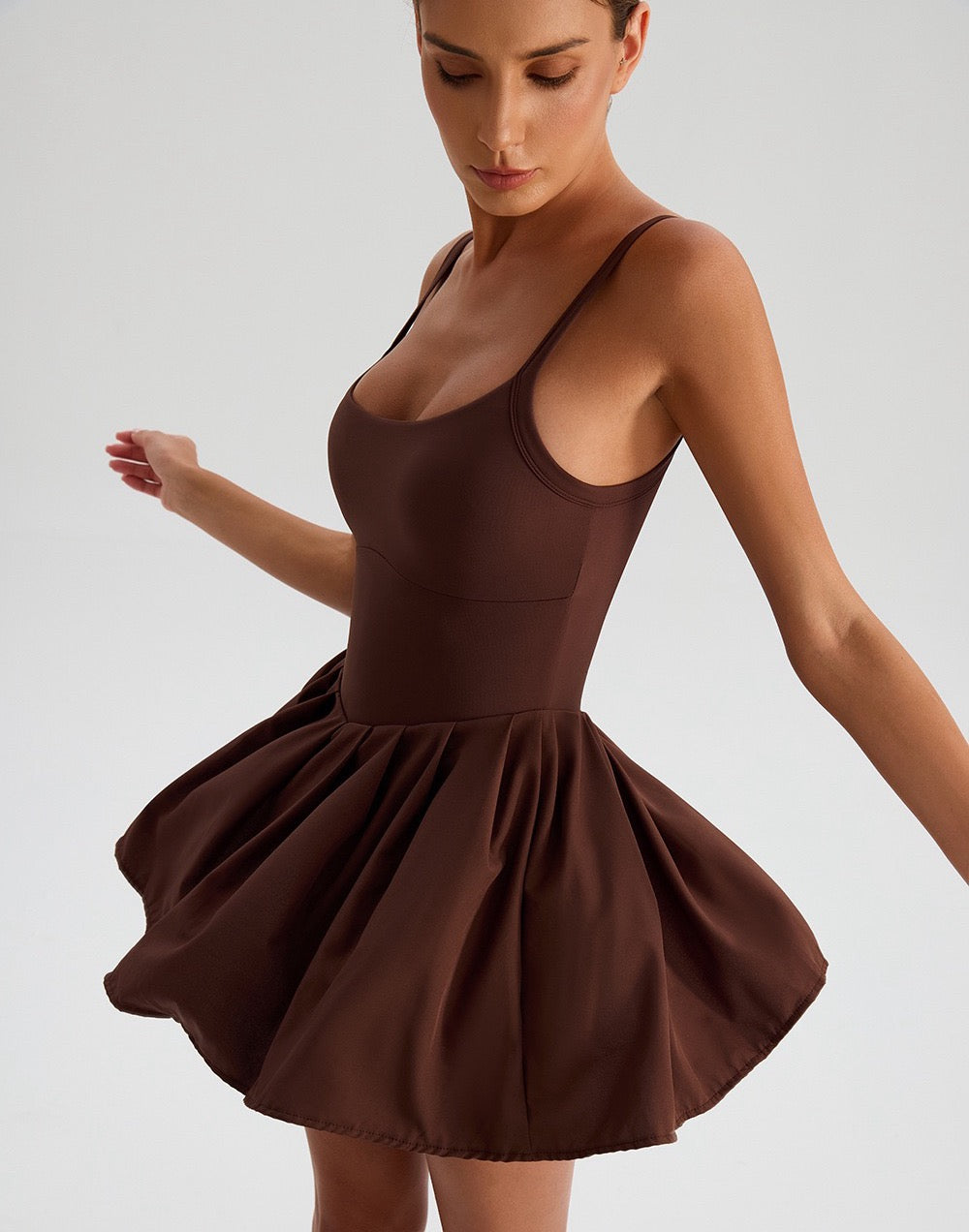 womens tennis dress with built-in shorts brown colour