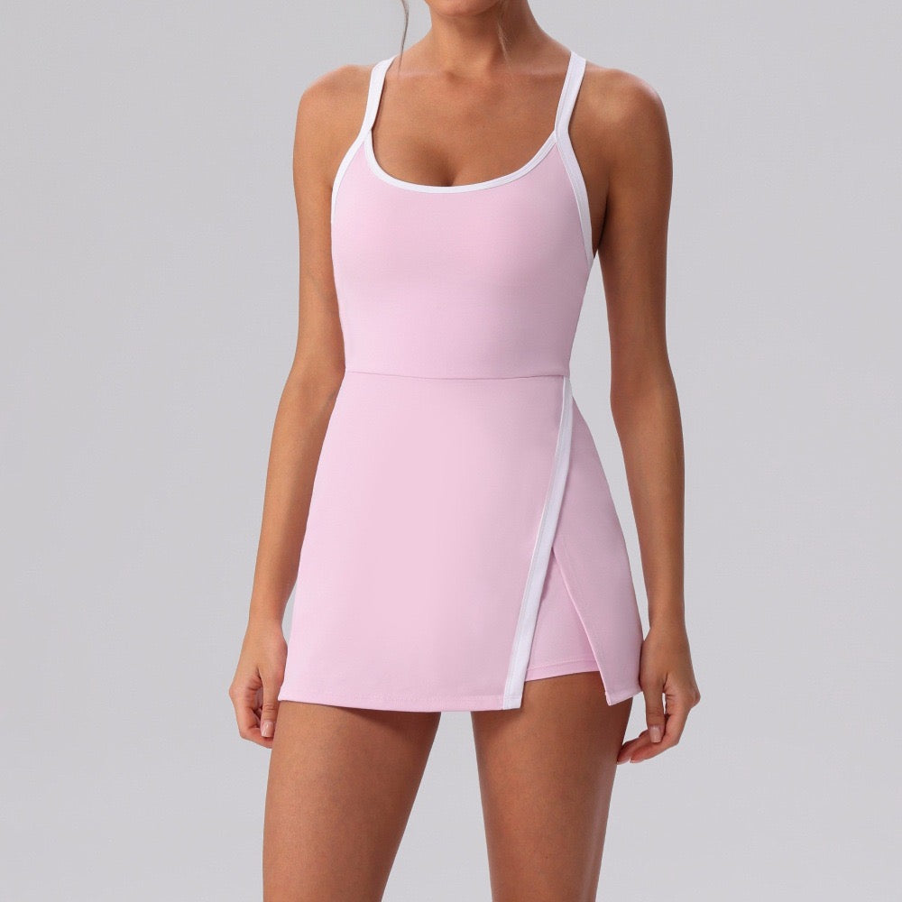 Pink Contrast Trim Workout Dress with Built-in Shorts H&H Activewear Pink Contrast Trim Workout Dress with Built-in Shorts H&H Activewear