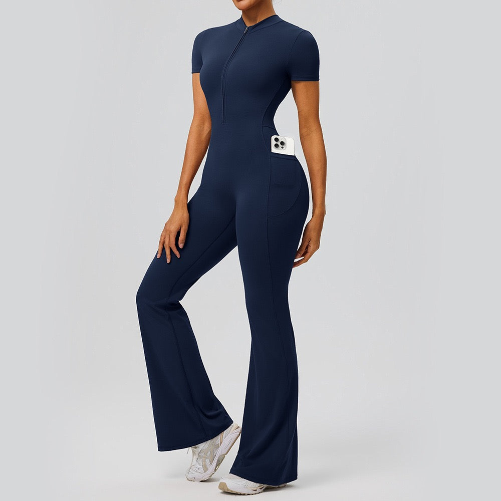 navy blue workout onesie with pockets women