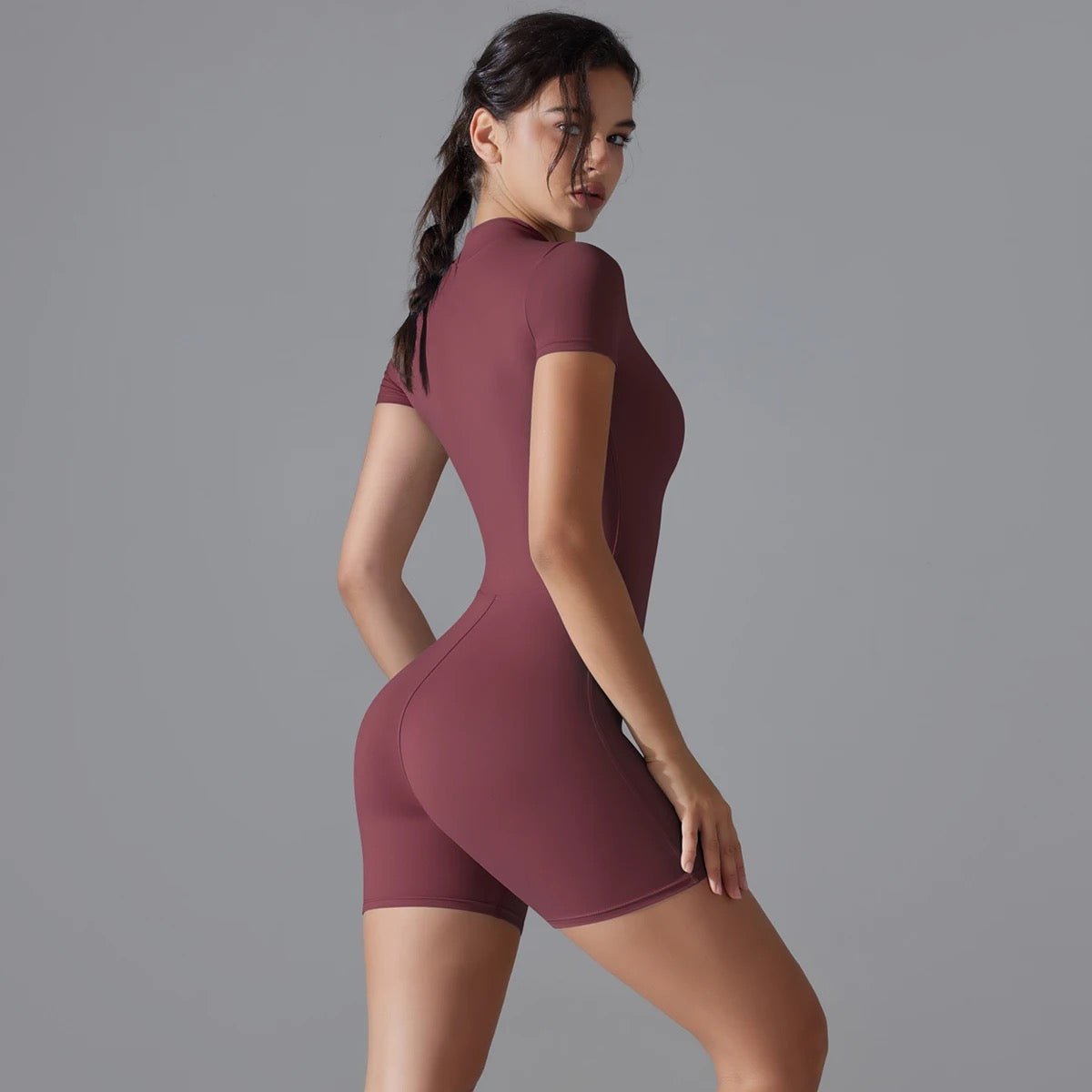 Zip Front Short Sleeve Activewear Romper - Black