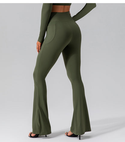 Crossover Waist Flared Leggings with Pockets - Khaki