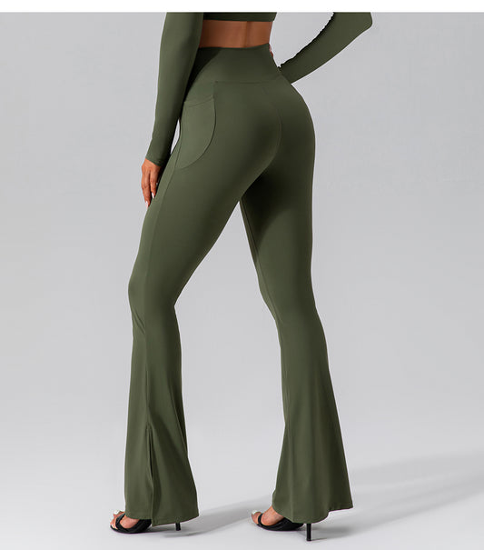 Crossover Waist Flared Leggings with Pockets - Olive Green