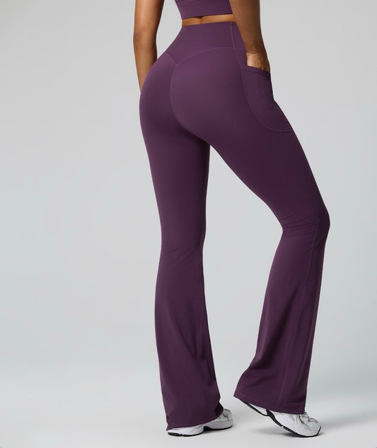 High Waist Flare Leggings with Pockets - Deep Purple