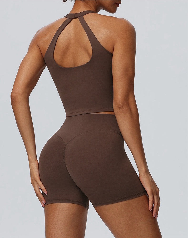 Brown Halter Neck Sports Crop Top