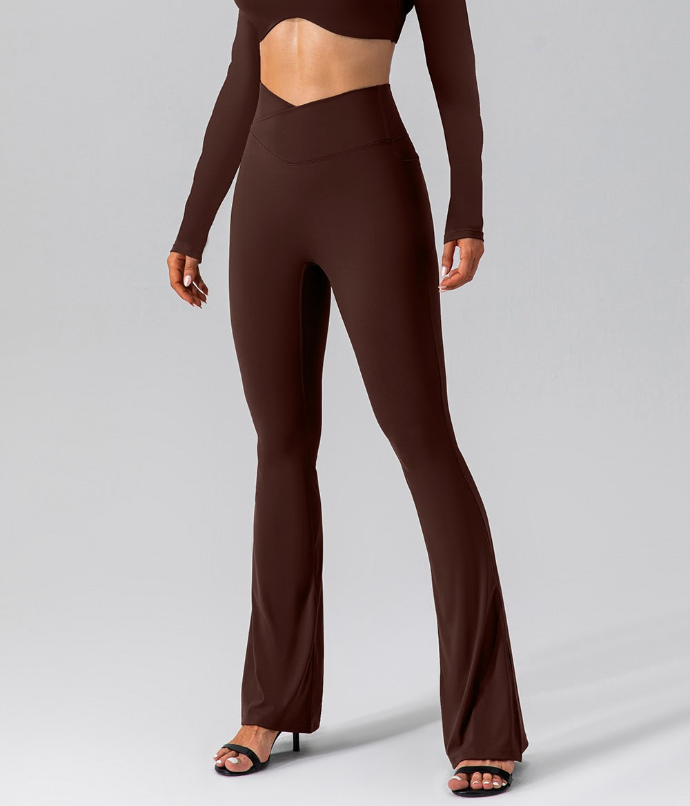 Crossover Waist Flared Leggings with Pockets - Dark Brown