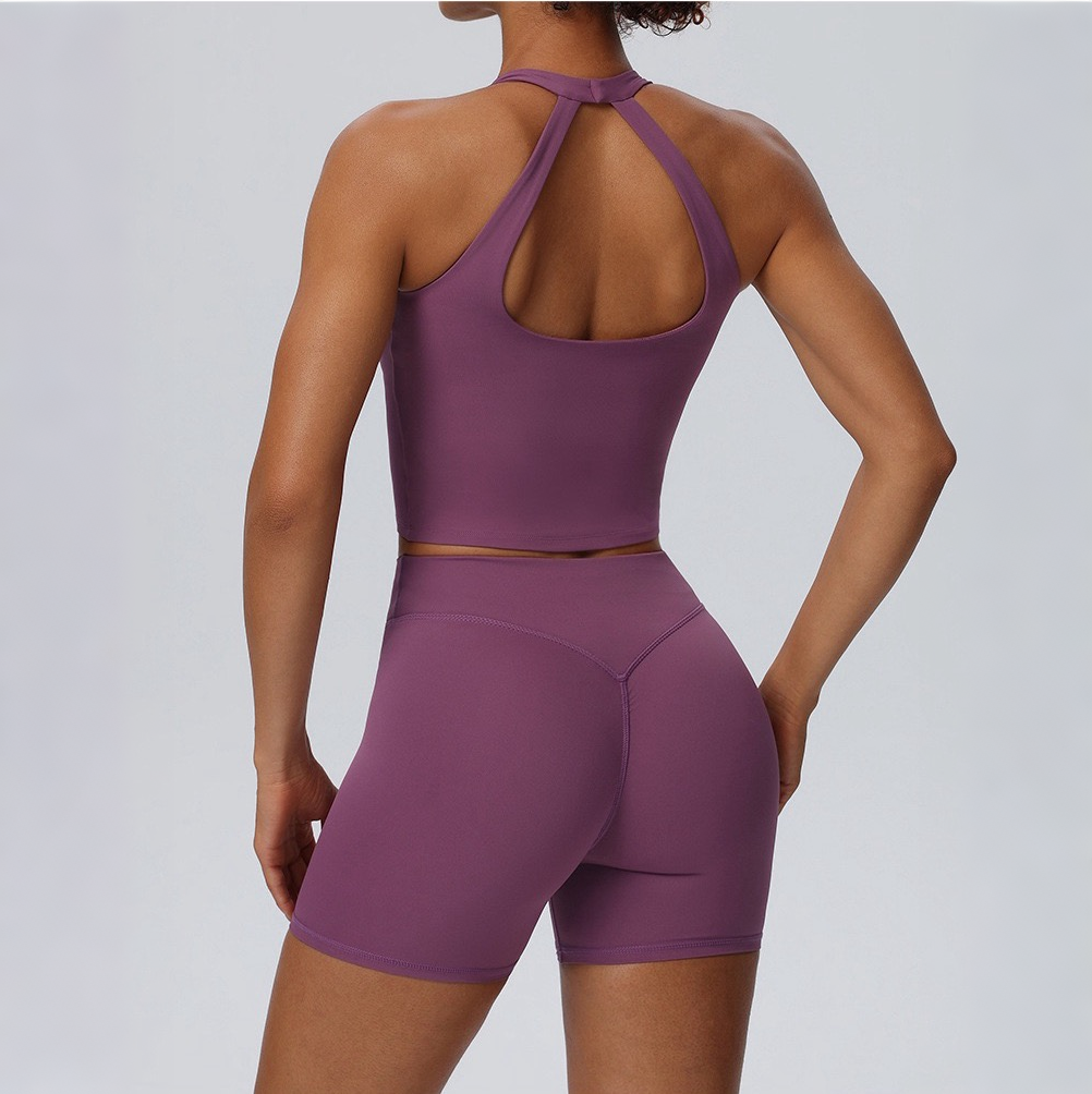 purple hollow cross back workout top for women