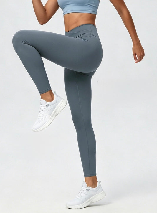 Crossover High-Waist Leggings - Grey Blue