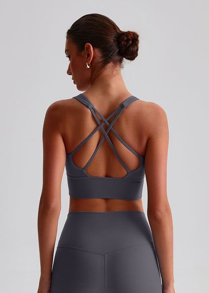 Dark grey yoga bra with removable padding