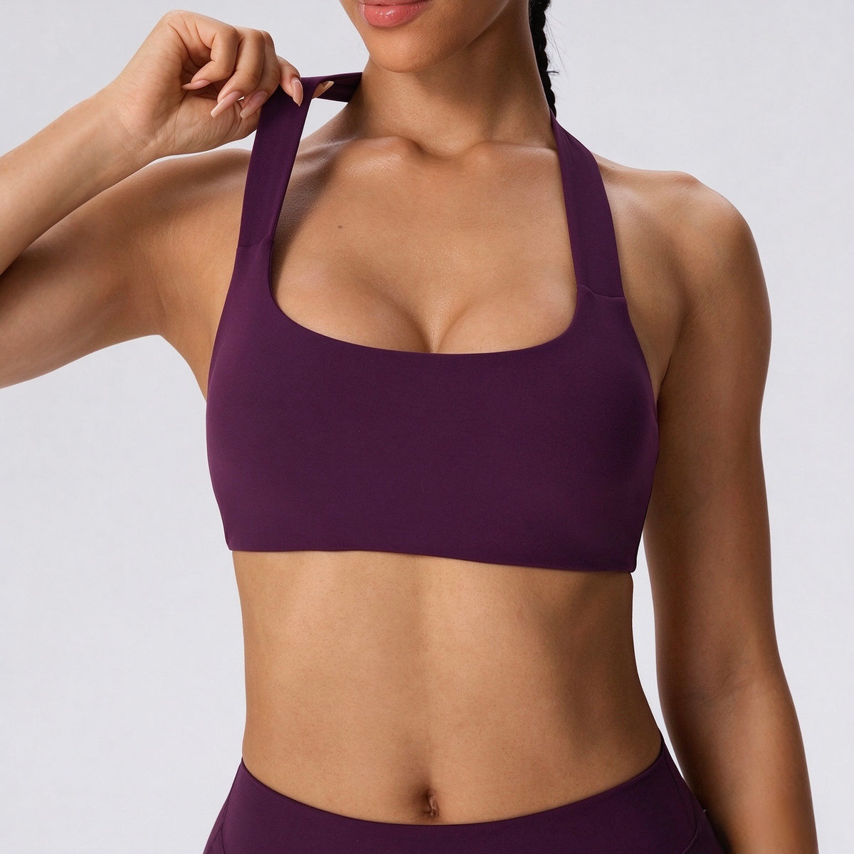 Halter neck sports bra flat open back removable cups