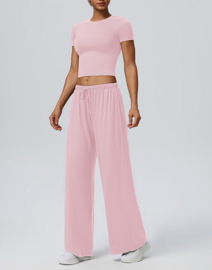 Wide Leg Pants with Drawstring - Pink