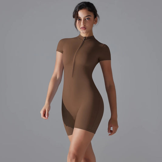 Zip Front Short Sleeve Activewear Romper - Coffee Colour