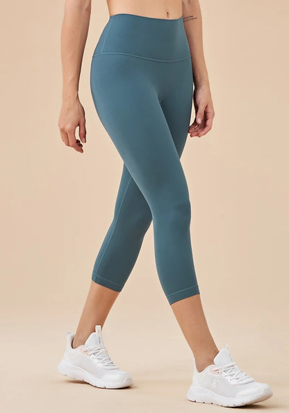 High Waist Capri Leggings with Hidden Pocket - Dark Blue