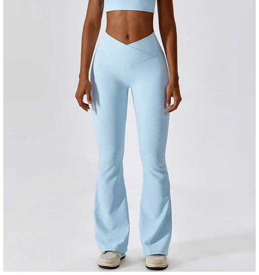 Cross-Waist Flare Leggings – Sky Blue