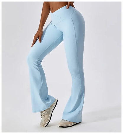 Cross-Waist Flare Leggings – Sky Blue