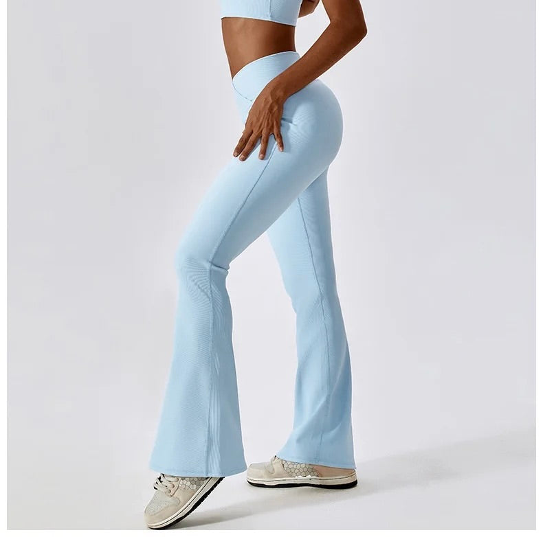 Cross-Waist Flare Leggings – Sky Blue