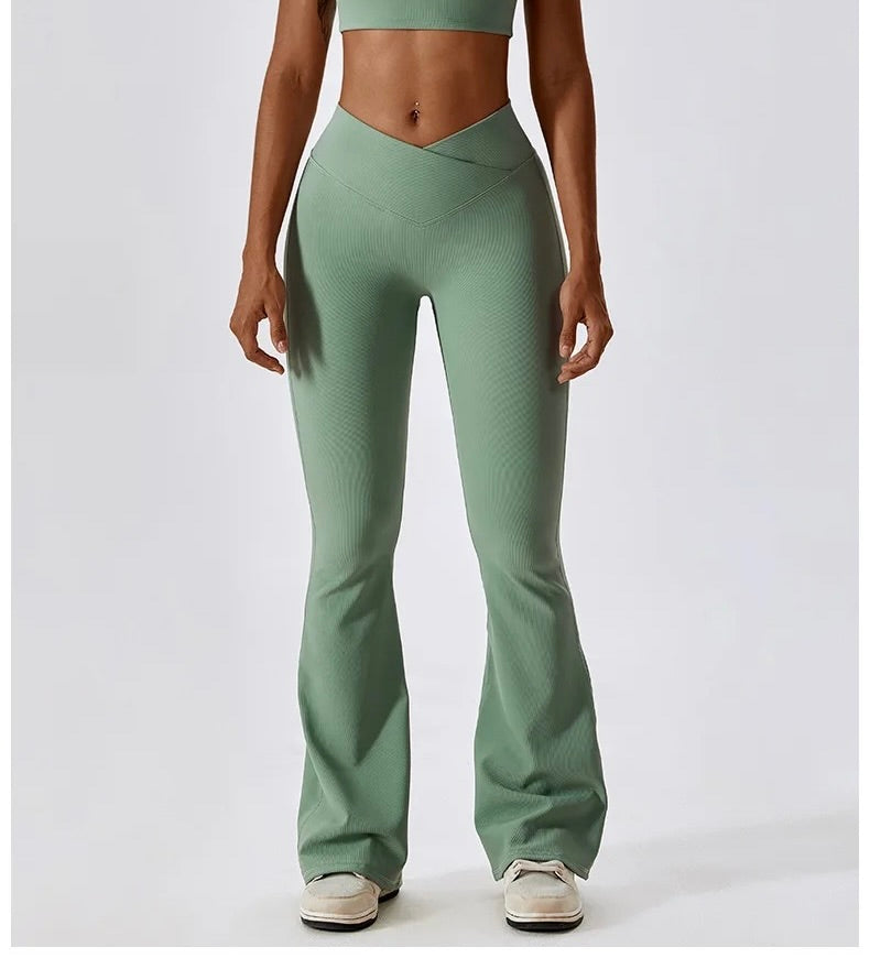 Cross Waist Flare Leggings – Green