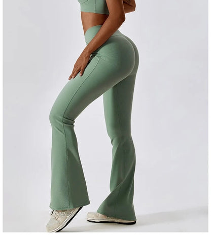 Cross Waist Flare Leggings – Green