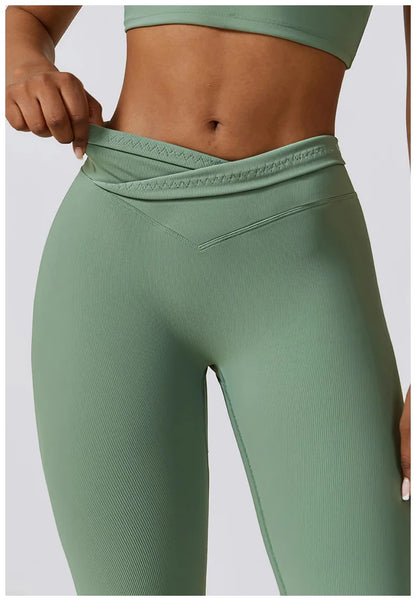 Cross Waist Flare Leggings – Green