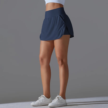 High-Waist Tennis Skirt with Pockets and Built-In Shorts - Navy