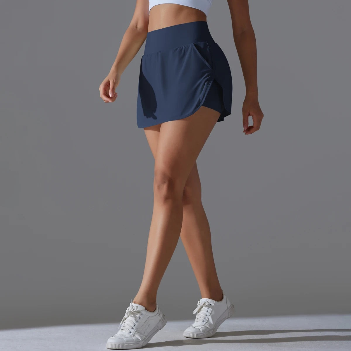 High-Waist Tennis Skirt with Pockets and Built-In Shorts - Navy