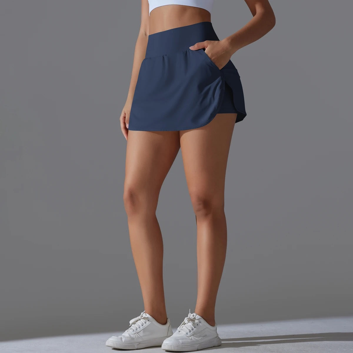 High-Waist Tennis Skirt with Pockets and Built-In Shorts - Navy