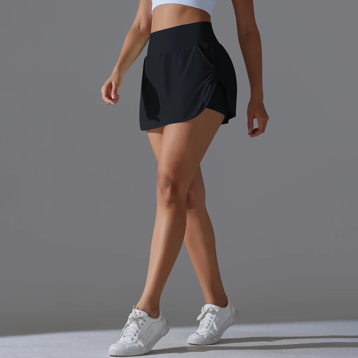 High-Waist Tennis Skirt with Pockets and Built-In Shorts - Navy