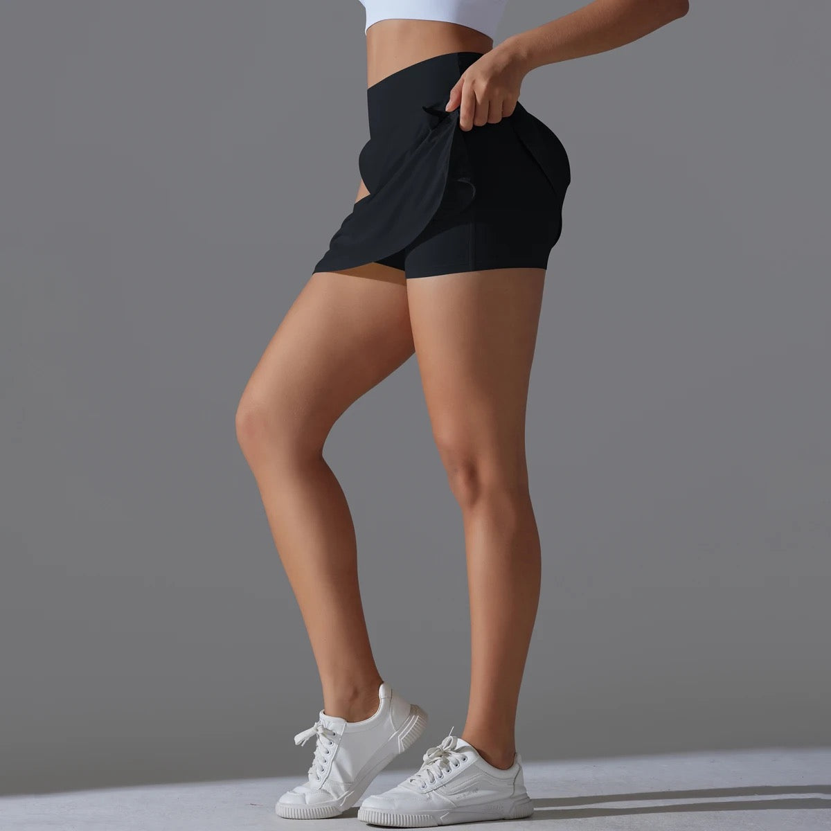 High-Waist Tennis Skirt with Pockets and Built-In Shorts - Navy