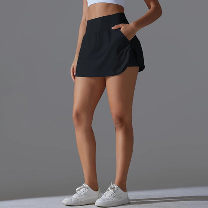 High-Waist Tennis Skirt with Pockets and Built-In Shorts - Navy