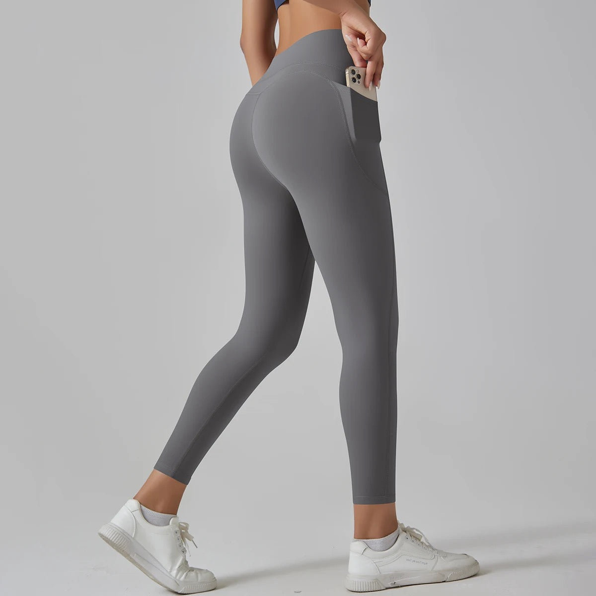 Grey High-Waist Ankle-Length Pocket Leggings