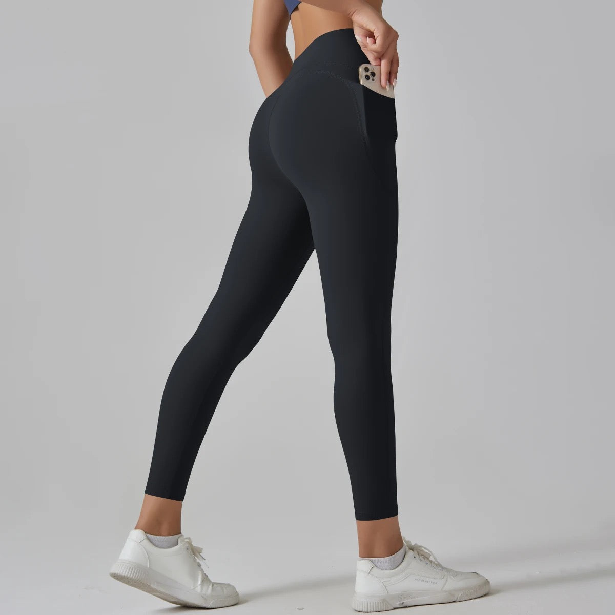 Navy Blue High-Waist Ankle-Length Pocket Leggings