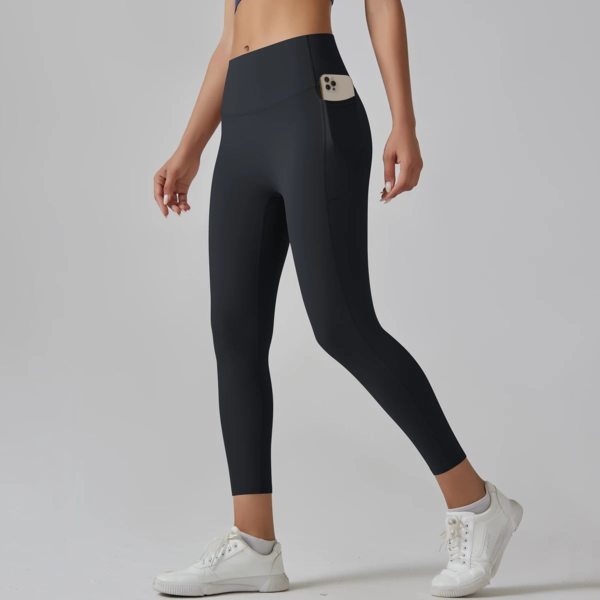 Navy Blue High-Waist Ankle-Length Pocket Leggings