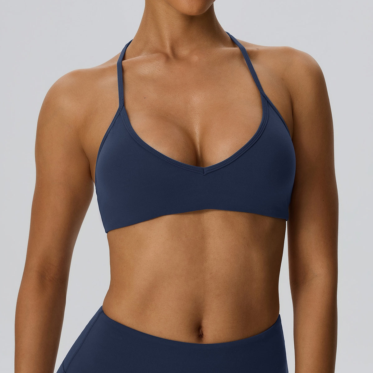 Navy blue halter V-back V-neck padded yoga sports bra