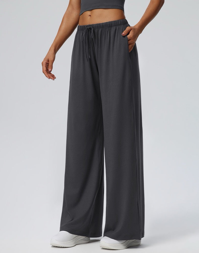 grey Pilates pants wide leg style