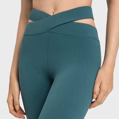 Sleek Crossover Waist Ankle Leggings with Hidden Pocket