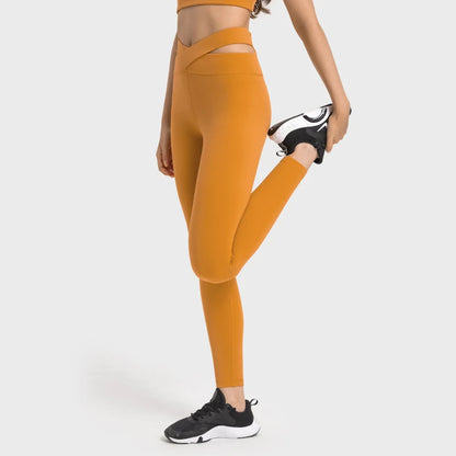 Sleek Crossover Waist Ankle Leggings with Hidden Pocket