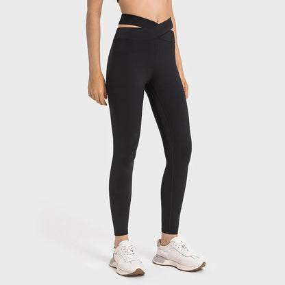 Sleek Crossover Waist Ankle Leggings with Hidden Pocket