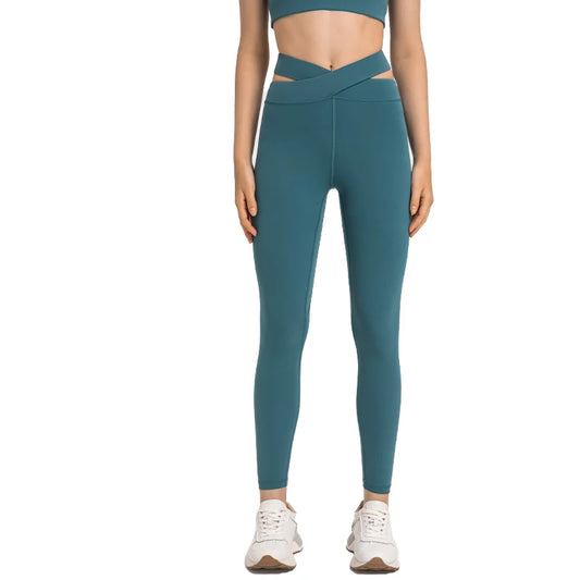 Sleek Crossover Waist Ankle Leggings with Hidden Pocket