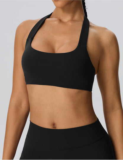 Stylish halter neck workout bra square neckline