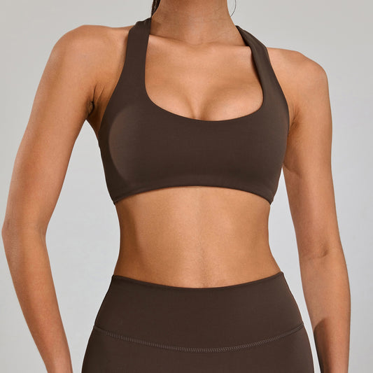 U-neckline sports bra brown