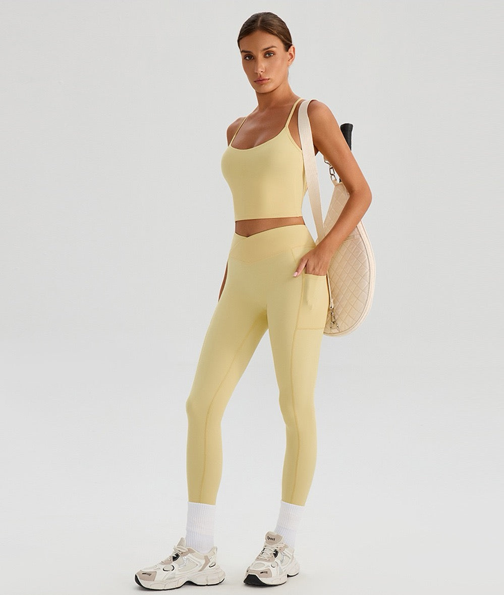 yellow V-waist leggings with phone pocket for running