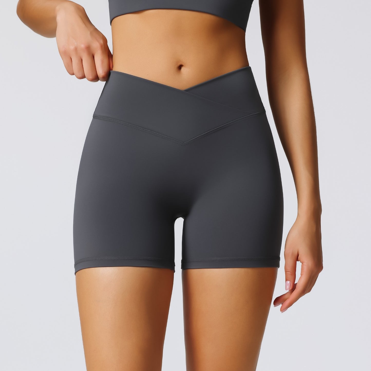 grey V-waist workout shorts for women